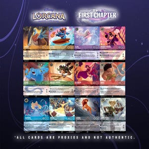 Könnte beinhalten: Eine Sammlung von zwölf Disney Lorcana The First Chapter Sammelkarten in einem Raster angeordnet. Jede Karte zeigt eine einzigartige Charakterillustration, Spielwerte und Text. Unten im Bild steht der Text: ALL CARDS ARE PROXIES AND NOT AUTHENTIC.