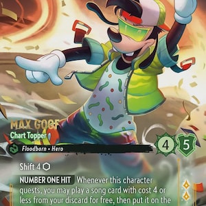 May include: A trading card featuring Max Goof, a cartoon character, in a green and yellow outfit, wearing sunglasses and a cap. The card has text that reads "Chart Topper" and "Floodborn Hero". The card also has a number 6 in a yellow circle.