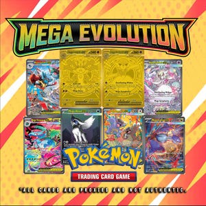 Op de afbeelding: Een verzameling Pokémon-kaarten met verschillende personages en ontwerpen. De kaarten worden gepresenteerd tegen een gele en rode achtergrond met de tekst "MEGA EVOLUTION" bovenaan. Het Pokémon-logo en "TRADING CARD GAME" zijn ook zichtbaar.