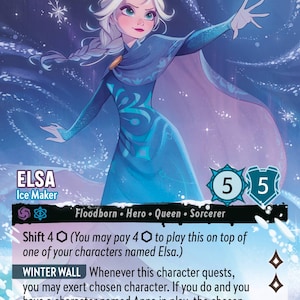 May include: A trading card featuring Elsa from Disney's Frozen, with a blue and purple background. Elsa is depicted in a blue dress, with white hair and a cape. The card includes text such as "ELSA Ice Maker" and game details.