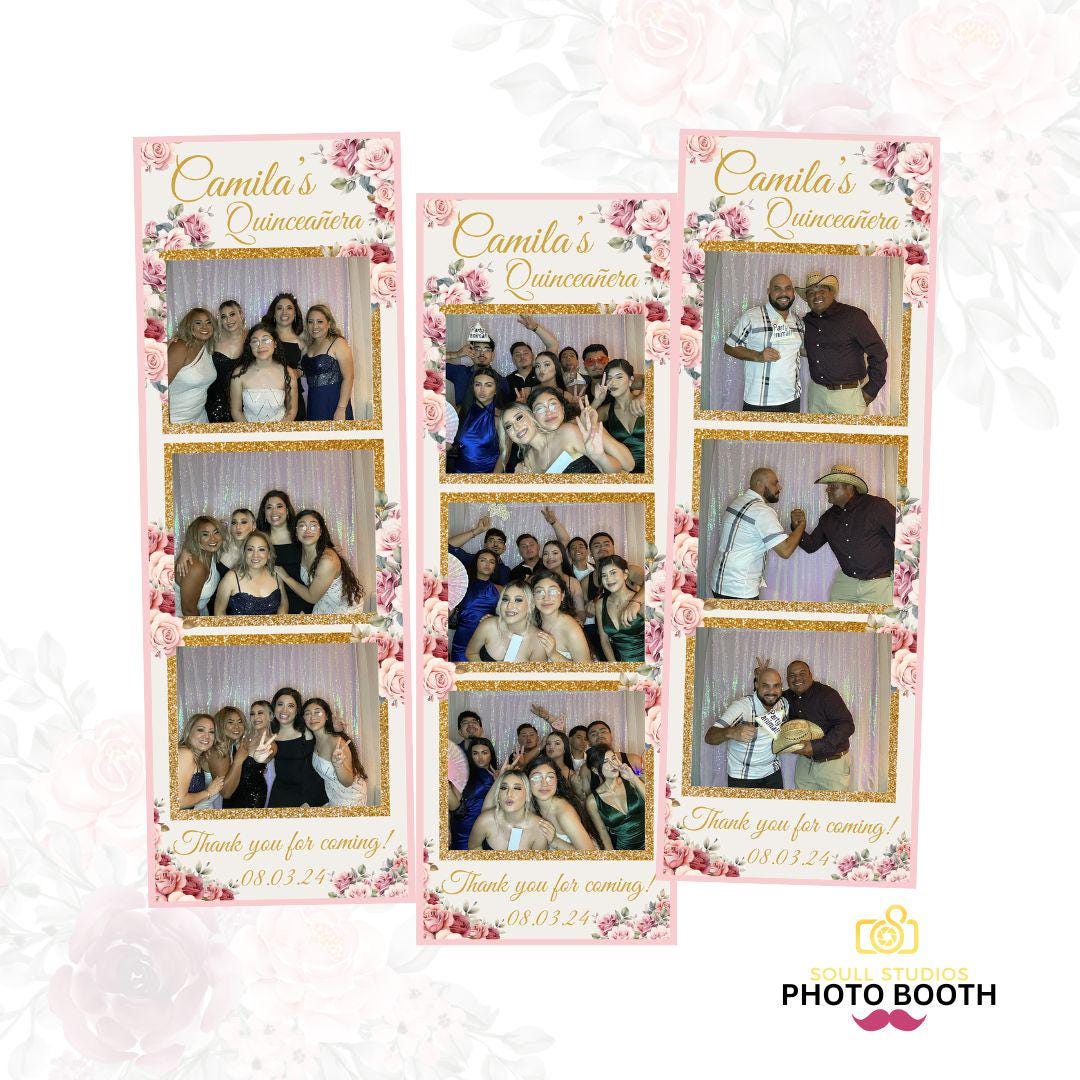 Pink and Gold Floral-Themed Photo Booth Quinceañera Template| Custom Light Pink Quince Photobooth Photo Frame| Elegant Pink Floral Overlay