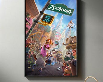 May include: A framed poster featuring the animated film "Zootopia." The artwork depicts a bustling city scene with various animal characters, including a fox, a rabbit, and an elephant. The title "Zootopia" is displayed prominently on a street sign.