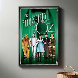 May include: A vintage movie poster for "The Wizard of Oz" featuring the main characters Dorothy, the Scarecrow, the Tin Man, the Cowardly Lion, and the Wicked Witch of the West. The poster is set against a green background with a brick road leading to a door.