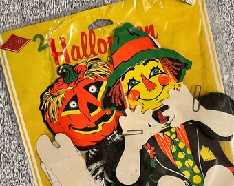 Vintage pair Beistle Halloween Die Cut Action Dancers Decor, Scarecrow, Pumpkin, Crepe paper