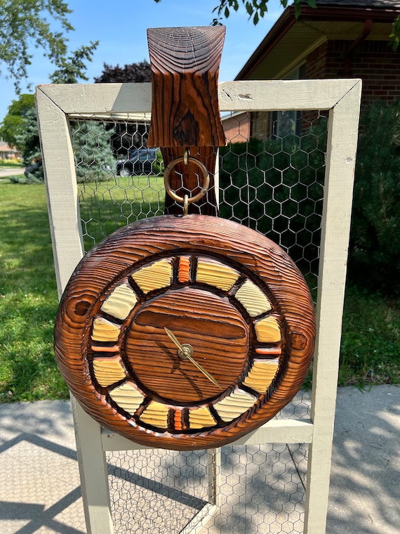 Vintage WITCO Carved Wood Tiki Wall Clock, Hawaiian Decor, Hand