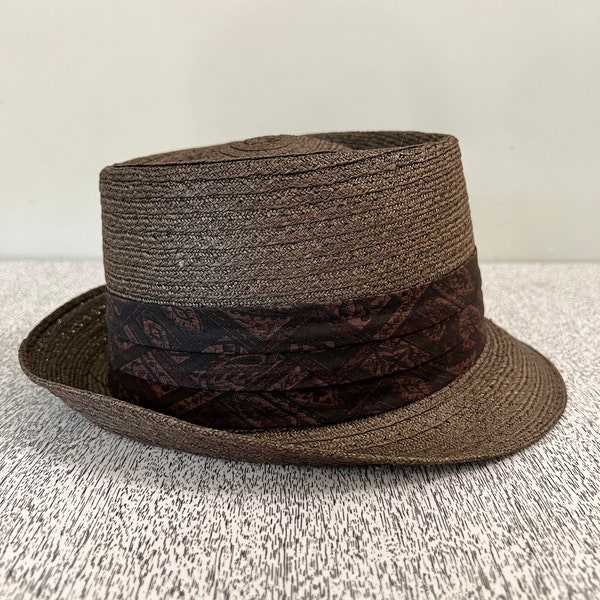 Vintage 1940-1950, Brown Straw Mens/Boys Brimmed Hat, Styled by Universal Hemp Milan, Fedora, Panama, Boater Sz 6 7/8, RAB, Rockabilly, VLV