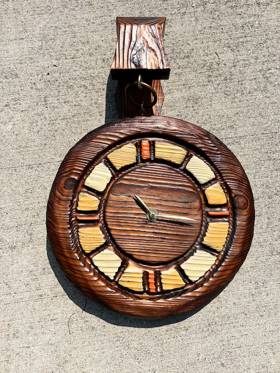 Vintage WITCO Carved Wood Tiki Wall Clock, Hawaiian Decor, Hand