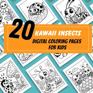 Páginas para colorear digitales de insectos Kawaii para niños / Tamaño de carta de EE. UU., Descargar PDF Libro para colorear, 20 páginas divertidas para colorear para niños / Arte infantil