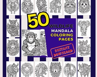 Målarbild med skogsmandala | 50 avkopplande målarbilder | Utskrivbar, PDF-nedladdningsbar mandala-målarbild | Målarbild för vuxna | Vilda djur