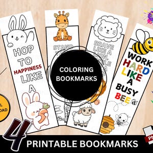 Printable Animal-Themed Coloring Bookmarks with Motivational Quotes, Printable Bookmarks, Bookmarks for Book Lovers, Coloring Bookmarks, PDF