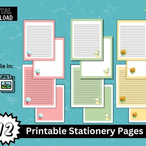 PDF de papelaria para impressão, páginas de diário digital, papel para cartas tamanho carta, 12 páginas PDF e JPG, 3 lindos vasos de plantas (páginas em branco e forradas)