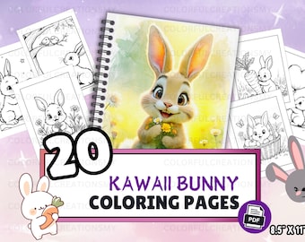 Kawaii Bunny Coloring Pages, Fun and Engaging PDF for Kids Aged 5-8, Kids Coloring Book, bunny coloring book, Cute Adorable Bunny Coloring