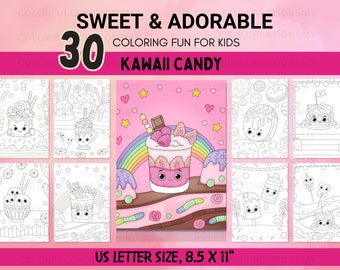 Divertimento da colorare con caramelle Kawaii per bambini/ 30 dolci adorabili buongustai/ Dolci dolcetti/ Pagine da colorare digitali di 3-8 anni/ Download istantaneo PDF