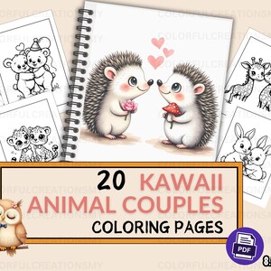 20 Kawaii Animal Couple Coloring Pages for Kids, Fun Coloring, PDF Pintables, Coloring Pages for Children, Coloring Book, Printable Coloring