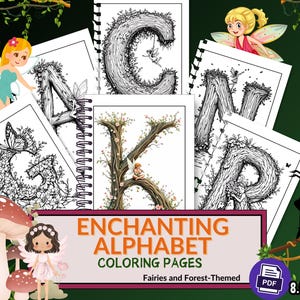 Encantadoras páginas para colorear del alfabeto, letras con temática de hadas y bosques, páginas para colorear para niños y adultos, páginas para colorear imprimibles en formato PDF digital