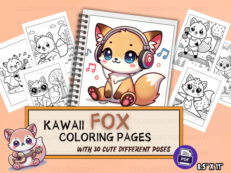 Kawaii Fox Coloring Pages for Kids 5-8 Years Old, 30 Fun and Adorable ...