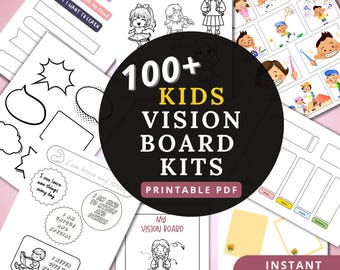 キッズビジョンボードキット – 印刷可能なA4 PDF、カラー+白黒、クリップアート、アファメーション、楽しいプロンプトの塗り絵、大きな夢を描くアクティビティ、印刷可能なキット