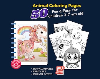 May include: A set of 50 printable coloring pages featuring cute animals, perfect for children ages 3-7. The pages are downloadable and offer instant access. The cover image shows a pink and white unicorn with a rainbow in the background.