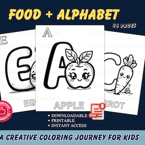 Libro digital para aprender y colorear para niños / Tema de alimentos ABC PDF / Actividad educativa divertida para edades de 3 a 7 años / Coloración de alimentos del alfabeto preescolar interesante