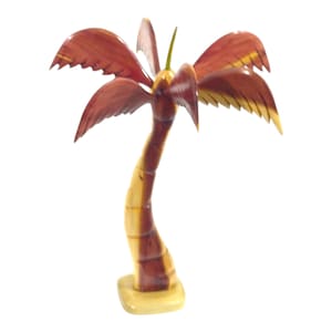 May include: A wooden palm tree sculpture with a reddish-brown trunk and leaves. The base of the tree is a light brown color.