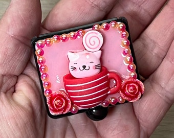 Mini Pill Box • "Cuppa Cat"  Embellished Pill Case for Purse or Backpack • Cute Pill Case • Pill Carrier • Hypo Pot • Stash Box
