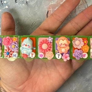 Puede incluir: Un pastillero de pl&aacute;stico verde con cinco compartimentos, cada uno decorado con un personaje de dibujos animados y flores diferentes. Los d&iacute;as de la semana est&aacute;n etiquetados con letras. Los personajes incluyen un conejito, un ping&uuml;ino, un mono y un oso.