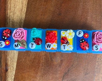 Teeny Pill Box - Vitamin Case • "Ladybug Garden" • Cute Pill Box, Medicine Vitamin Dispenser, 7 Day Pill box, Weekly Pill Organizer