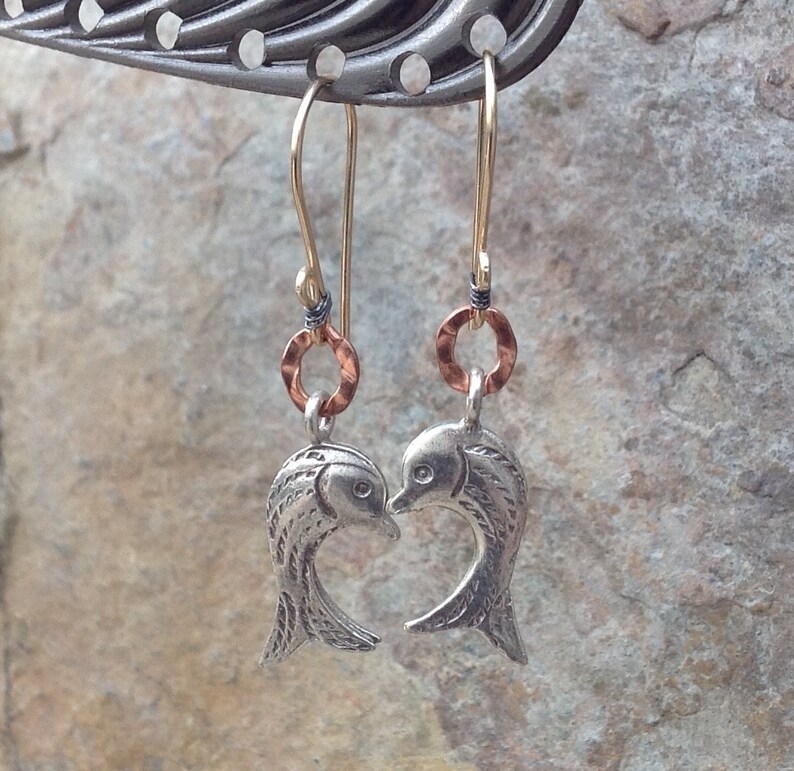 Sweet FISH earrings, MIXED METALS earrings, Karen Hill Tribe silver, Copper, Gold Filled, Silver image 2