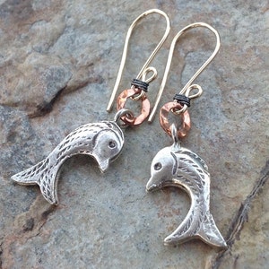 Sweet FISH earrings, MIXED METALS earrings, Karen Hill Tribe silver, Copper, Gold Filled, Silver image 4