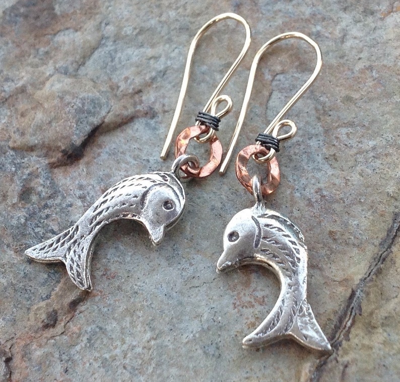 Sweet FISH earrings, MIXED METALS earrings, Karen Hill Tribe silver, Copper, Gold Filled, Silver image 4