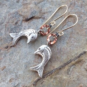 Sweet FISH earrings, MIXED METALS earrings, Karen Hill Tribe silver, Copper, Gold Filled, Silver image 1