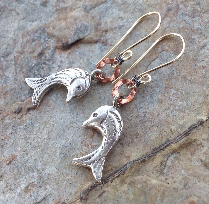 Sweet FISH earrings, MIXED METALS earrings, Karen Hill Tribe silver, Copper, Gold Filled, Silver image 1