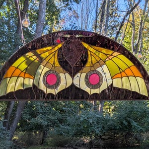 Puede incluir: Un panel de vidriera semicircular con un dise&ntilde;o de polilla en segmentos de vidrio amarillo, naranja y marr&oacute;n oscuro. Las alas de la polilla muestran prominentes acentos circulares rosas en el centro, enmarcados por bordes oscuros.