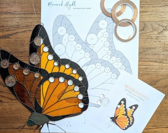 Pattern - Monarch Alights (Large) - with Tutorial.  19 Glass Jewels optionally included. [butterfly stained glass pattern kit]