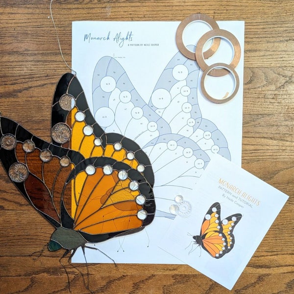 Pattern - Monarch Alights (Large) - with Tutorial.  19 Glass Jewels optionally included. [butterfly stained glass pattern kit]