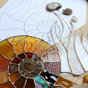 May include: A stained glass ammonite sculpture with copper foil and a variety of glass textures and colors, including amber, brown, and iridescent. The artwork is displayed with fossil specimens and a design sketch.