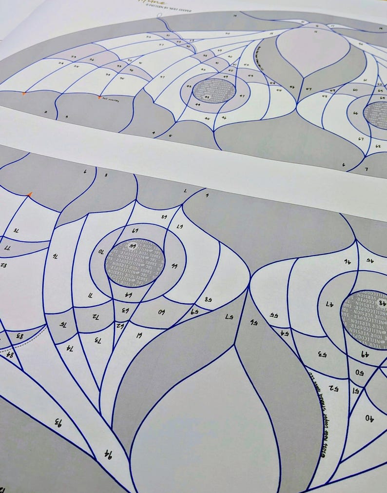 Puede incluir: Una plantilla de papel para vidrieras con secciones numeradas delineadas en tinta azul. El dise&ntilde;o consta de formas org&aacute;nicas grises y blancas con centros circulares. El texto en la p&aacute;gina incluye "Home" y "A pattern by Neill Cooper".