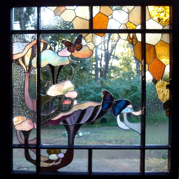 Stained Glass Window with Psychadelic Oyster Mushrooms, Honeycomb, and Real Butterflies  Woodland Fantasy