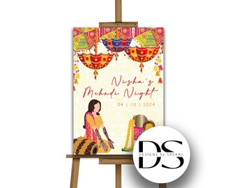 May include: A colorful sign with a woman in a yellow outfit holding a drum. The sign says "Nisha's Mehndi Night 04 | 10 | 2024" and has a logo that says "Designs by Savani".