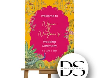 以下が含まれることがあります： 木製のイーゼルに立てられた結婚式の看板。看板は、花柄の明るい黄色の背景と、中央に「Welcome to Nona & Nayan's Wedding Ceremony 15 | JUNE | 2024」と書かれたピンク色の大きな部分があります。 下部には孔雀と植物のイラストがあります。