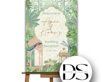 May include: A wedding reception sign on an easel. The sign features a decorative design with the text "Welcome to Amar & Kiran's Wedding Reception 17|08|2024". The design includes illustrations of a peacock, gazebo, and tropical foliage in shades of green, beige, and pink.