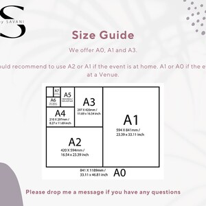 May include: A size guide for posters, showing the different sizes available: A0, A1, A2, A3, and A4. The sizes are listed in both inches and millimeters.
