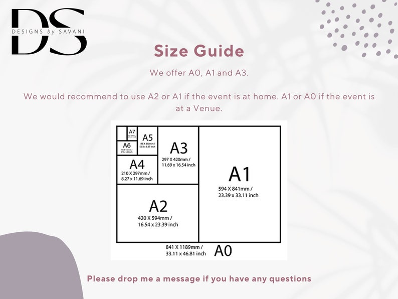 May include: A size guide for posters, showing the different sizes available: A0, A1, A2, A3, and A4. The sizes are listed in both inches and millimeters.