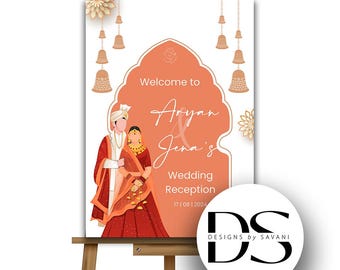 以下が含まれることがあります： イーゼルに立てられた結婚披露宴のサイン。伝統的な衣装を着たカップルのイラストが特徴で、「Welcome to Aryan & Jena's Wedding Reception」という言葉がエレガントな筆記体で書かれています。装飾的なベルと花の要素がデザインを飾っています。