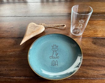 Kindergeschirr mit Namen Glas Teller Türkis Steinzeug Einhorn Lieblingstier Geburtstag Gravur personalisiert Geschenk Einschulung Keramik