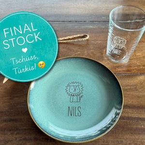 Children's tableware with name, glass plate, turquoise stoneware, unicorn, favorite animal, birthday engraving, personalized gift, first day of school, ceramic