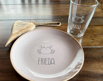 Kindergeschirr mit Namen Glas Teller Hellrosa Steinzeug Einhorn Lieblingstier Geburtstag Gravur personalisiert Geschenk Einschulung Keramik