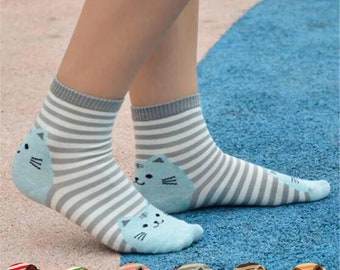 Striped Cartoon Cat Socks, 6 Color combinations