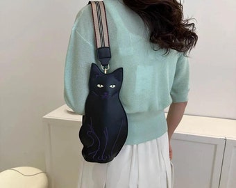 Stylish Cat Shaped & Outline PU Shoulder Bag, Black