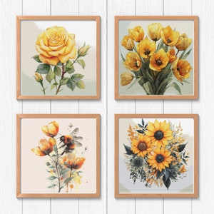 Ensemble de motifs de point de croix tulipes roses tournesol - 4 motifs floraux, broderie nature moderne PDF, téléchargement immédiat